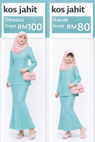 Perbandingan baju kurung moden dewasa dan kanak warna turqoise fabrik cotton dengan tudung pink – kos jahit bermula RM100 dewasa dan RM80 kanak di Kedaijahit.com