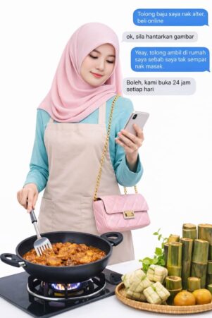 Wanita memasak rendang sambil berbual dengan AI di kedai jahit 24 jam yang menyediakan perkhidmatan pickup dan delivery sempena Raya – Kedaijahit sentiasa bersedia setiap masa